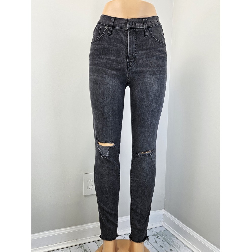 Madewell 9 Inch Mid-Rise Skinny Jeans Distressed Knee Frayed‎ Hem Black Size 29